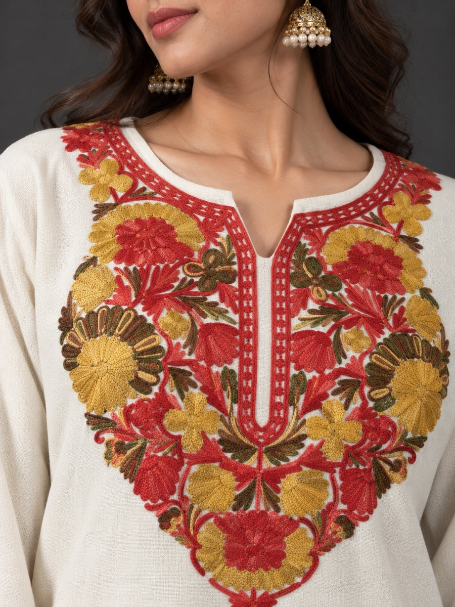 White Kashmiri Pheran with  Floral Embroidery | Aari Embroidered Wool Phiran