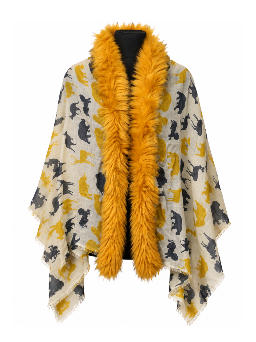 Wild Aura Printed Wrap with Golden Fur Trim