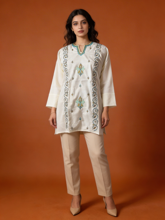 Noor : Sozni embroidery summer kurti | Light Gray
