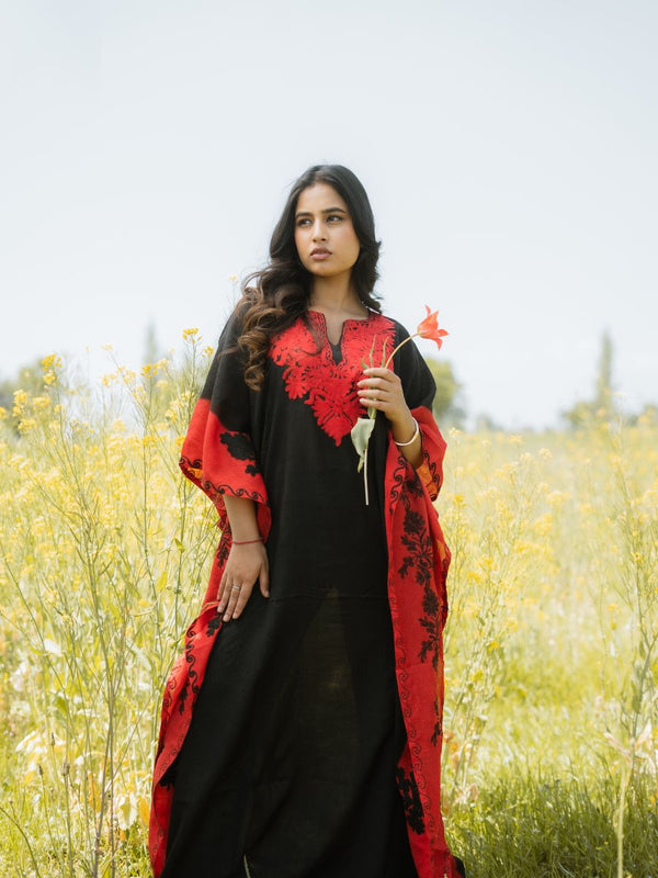 Midnight Noir Cotton Kaftan with Scarlet Flame Aari Embroidery - KaarKash