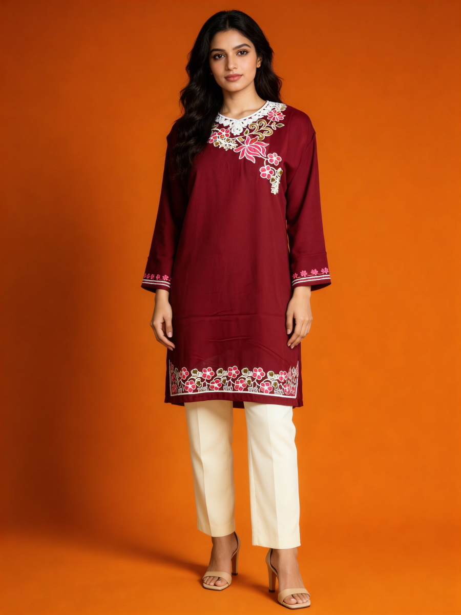 Noor : Aari embroidery summer kurti | Dark Red