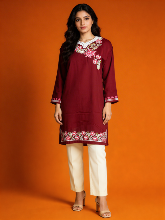 Noor : Aari embroidery summer kurti | Dark Red