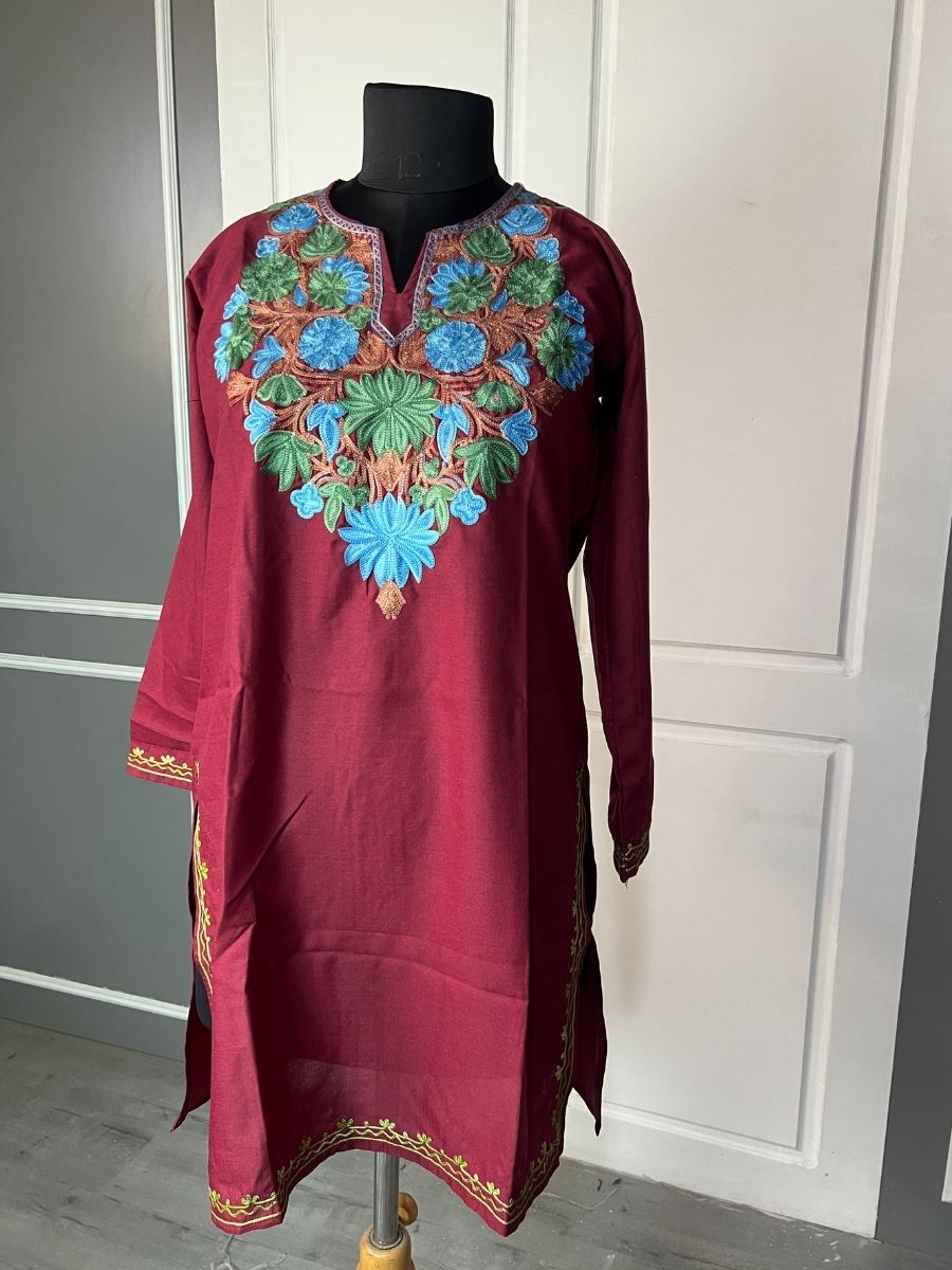 Noor : Aari embroidery summer kurti | Dark Red