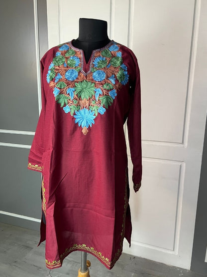 Noor : Aari embroidery summer kurti | Dark Red