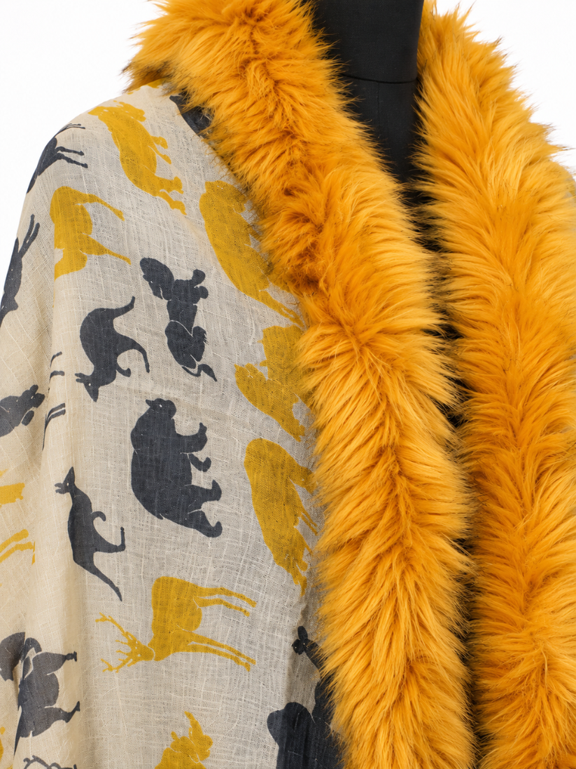 Wild Aura Printed Wrap with Golden Fur Trim