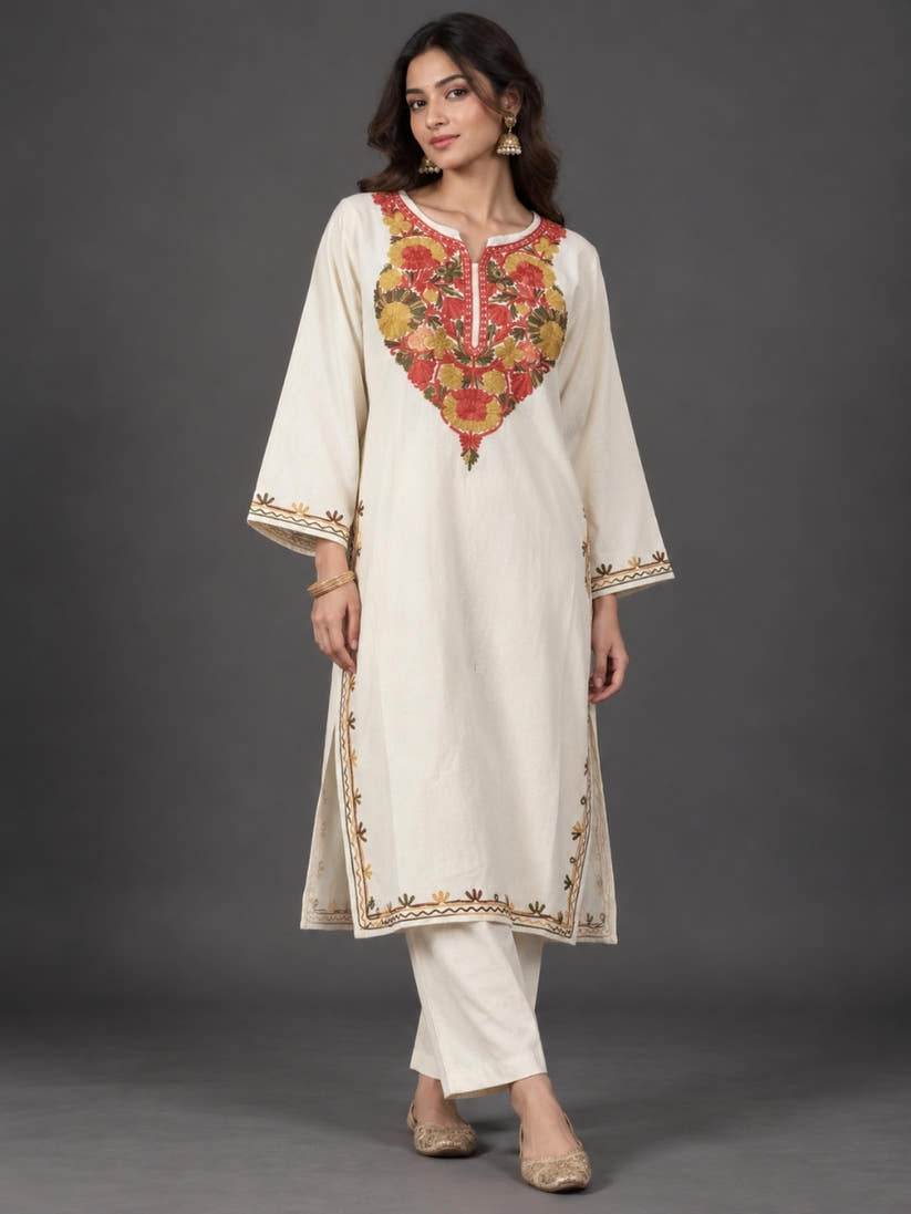 White Kashmiri Pheran with  Floral Embroidery | Aari Embroidered Wool Phiran