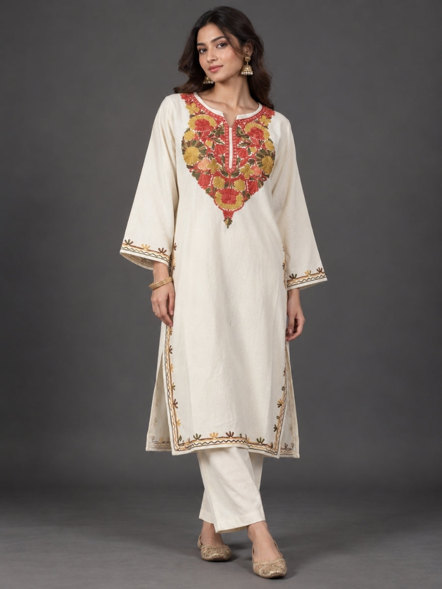 White Kashmiri Pheran with  Floral Embroidery | Aari Embroidered Wool Phiran