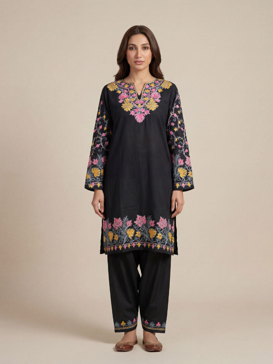 Noor : Kashmiri Aari embroidery summer Co-Ord Set | Ebony