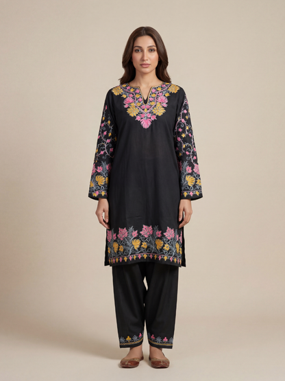 Noor : Kashmiri Aari embroidery summer Co-Ord Set | Ebony