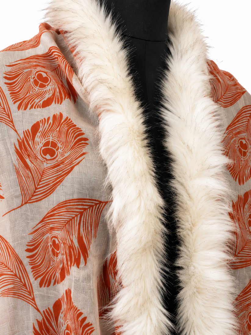 Terracotta Plume Shawl with Ivory Fur Collar