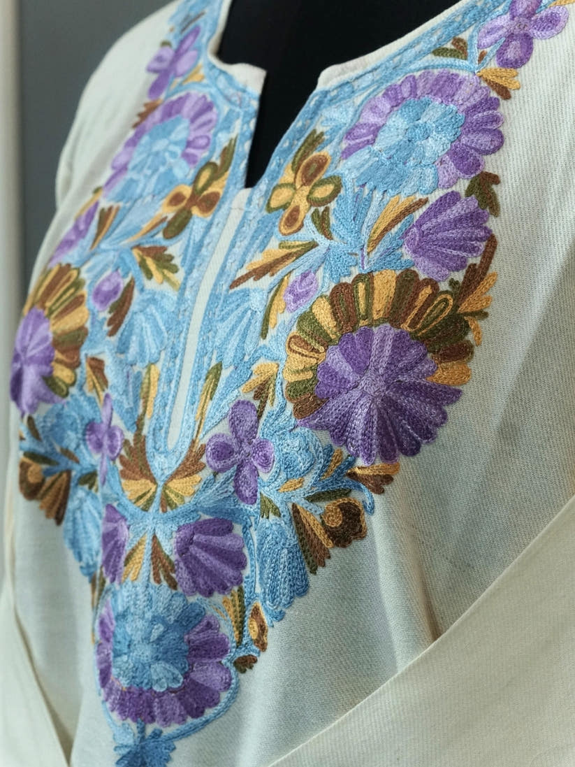White Kashmiri Pheran with  Floral Embroidery | Aari Embroidered Wool Phiran