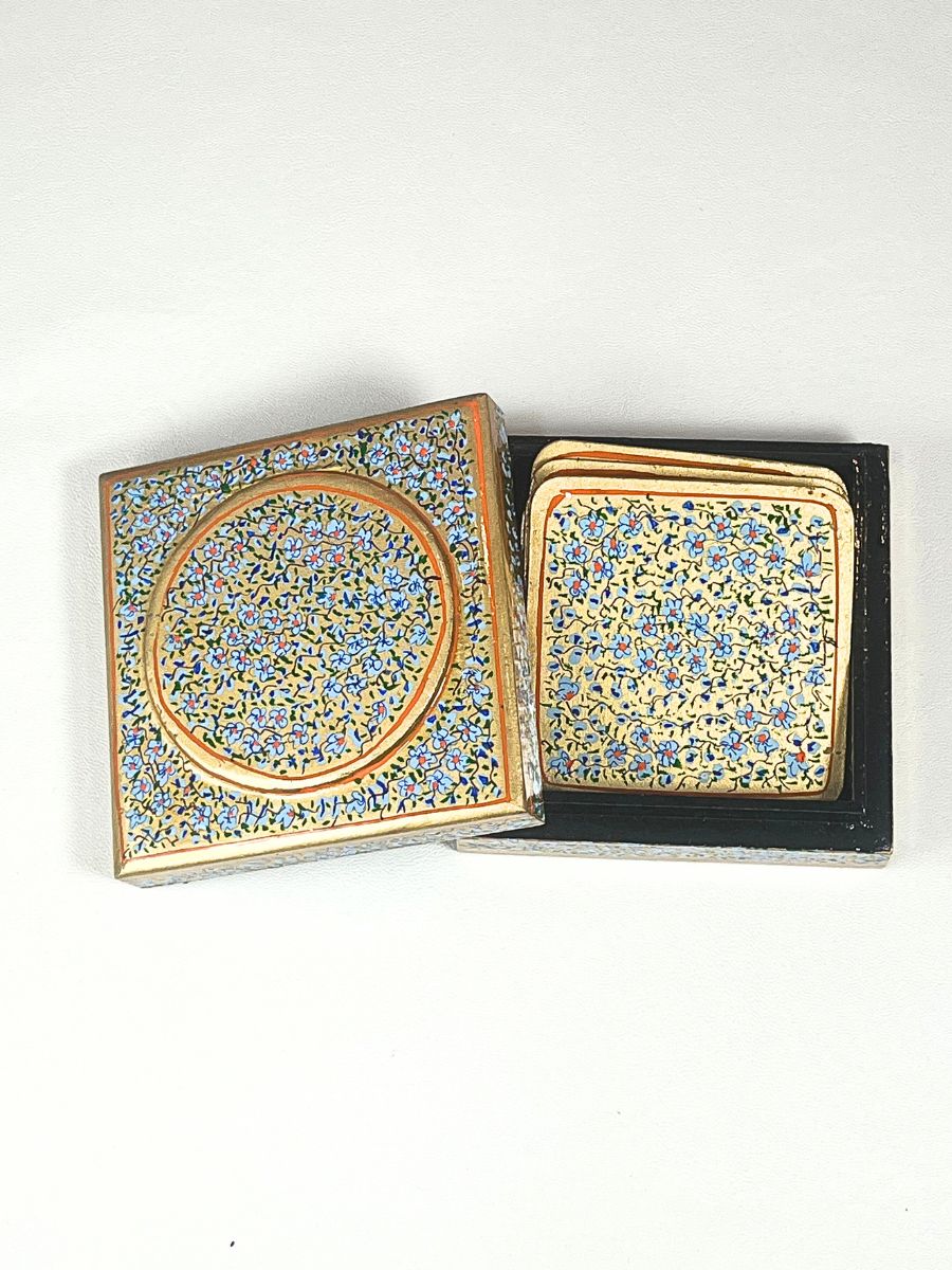 Cobalt Blue Flower Paper Mache Coaster Set - KaarKash