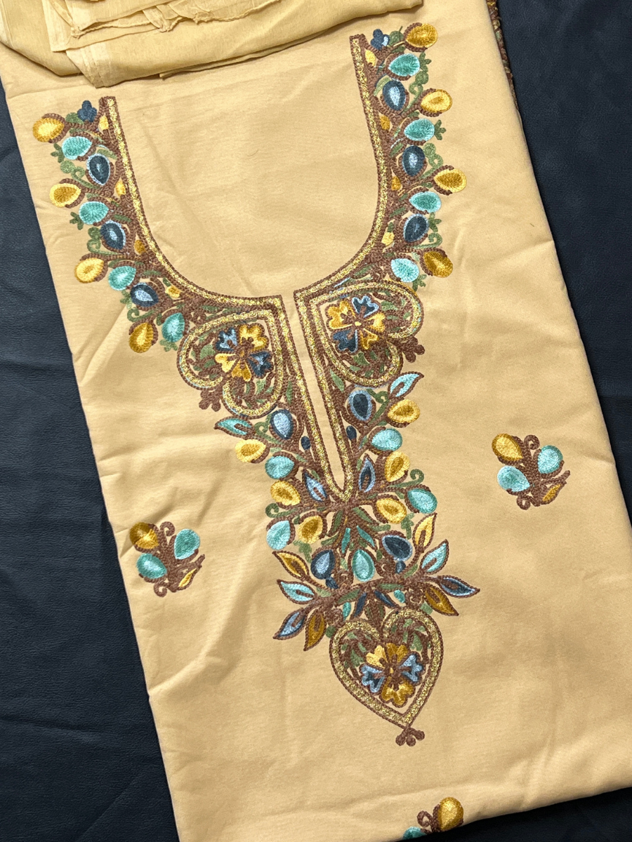 Kashmiri Botti Aari 3 Piece  Unstitched Suit  | Light Yellow