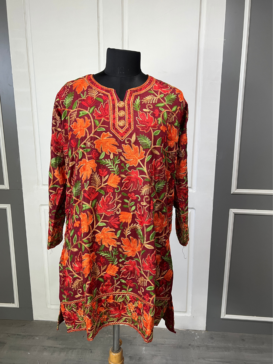 Noor : chinar embroidery summer kurti | Dark Red