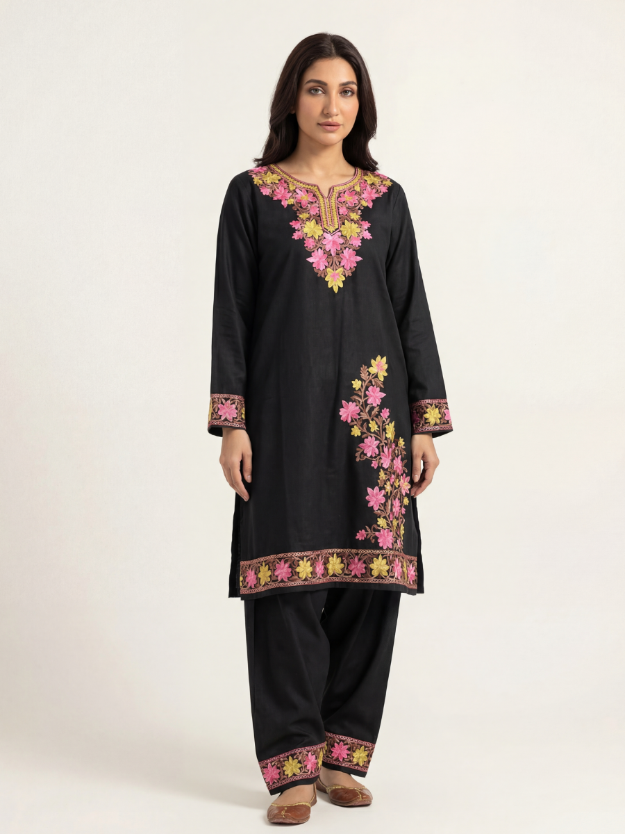 Noor : Kashmiri Aari embroidery summer Co-Ord Set | Ebony