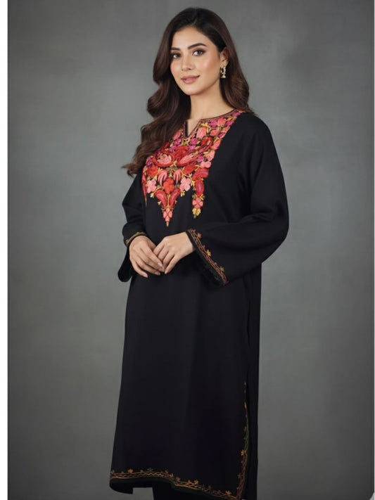 Kashmiri Aari Embroidered Phiran – Pink, Brown & Red | Black