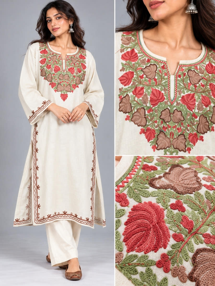 White Kashmiri Pheran with  Floral Embroidery | Aari Embroidered Wool Phiran