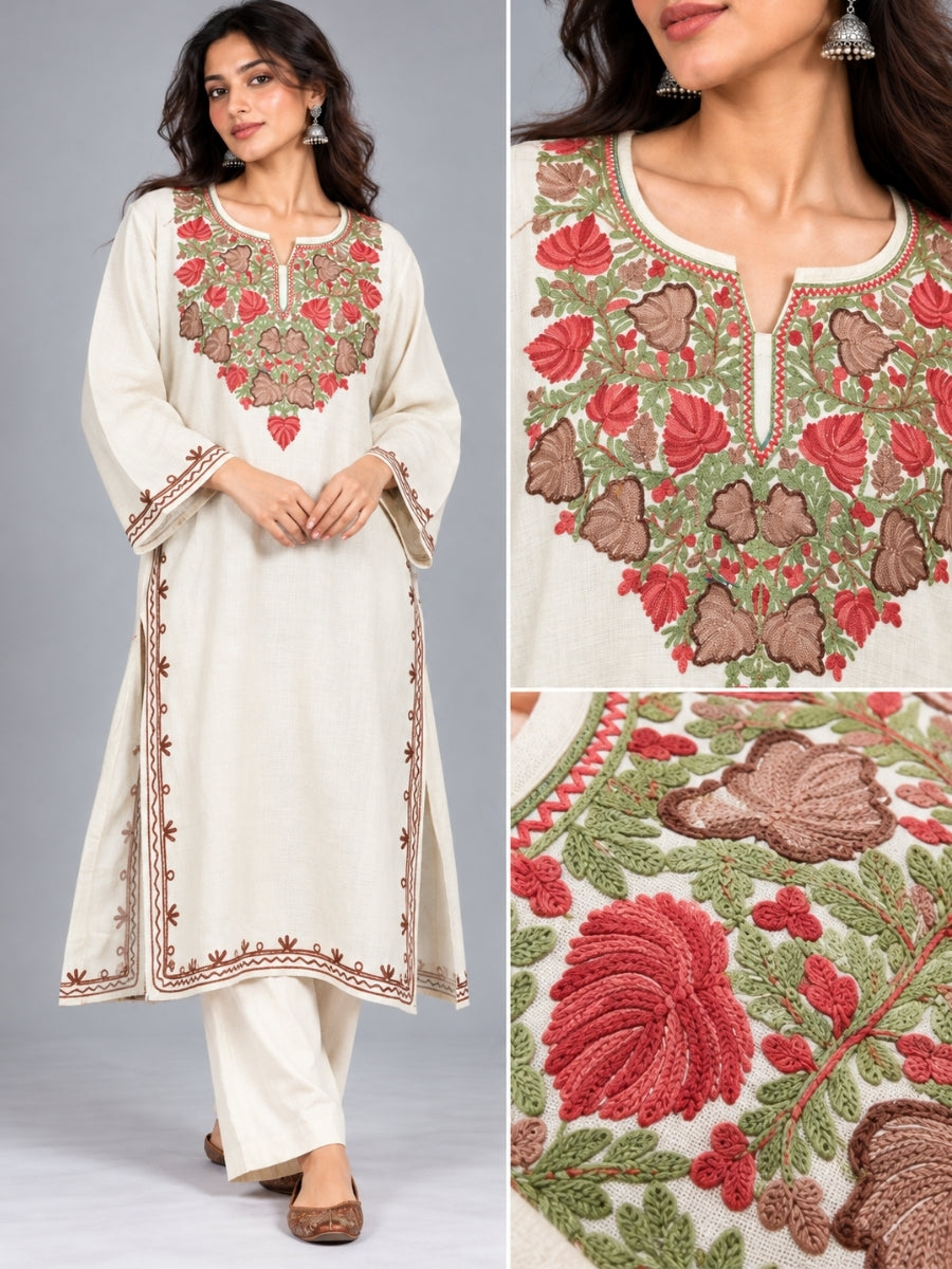 White Kashmiri Pheran with  Floral Embroidery | Aari Embroidered Wool Phiran