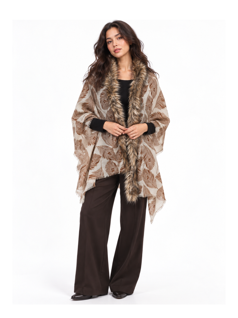 Autumn Plume Shawl with Faux-Fur Border
