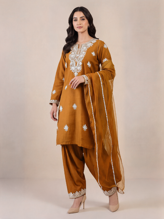 Kashmiri Botti Tilla 3 Piece Unstitched Suites | Brown