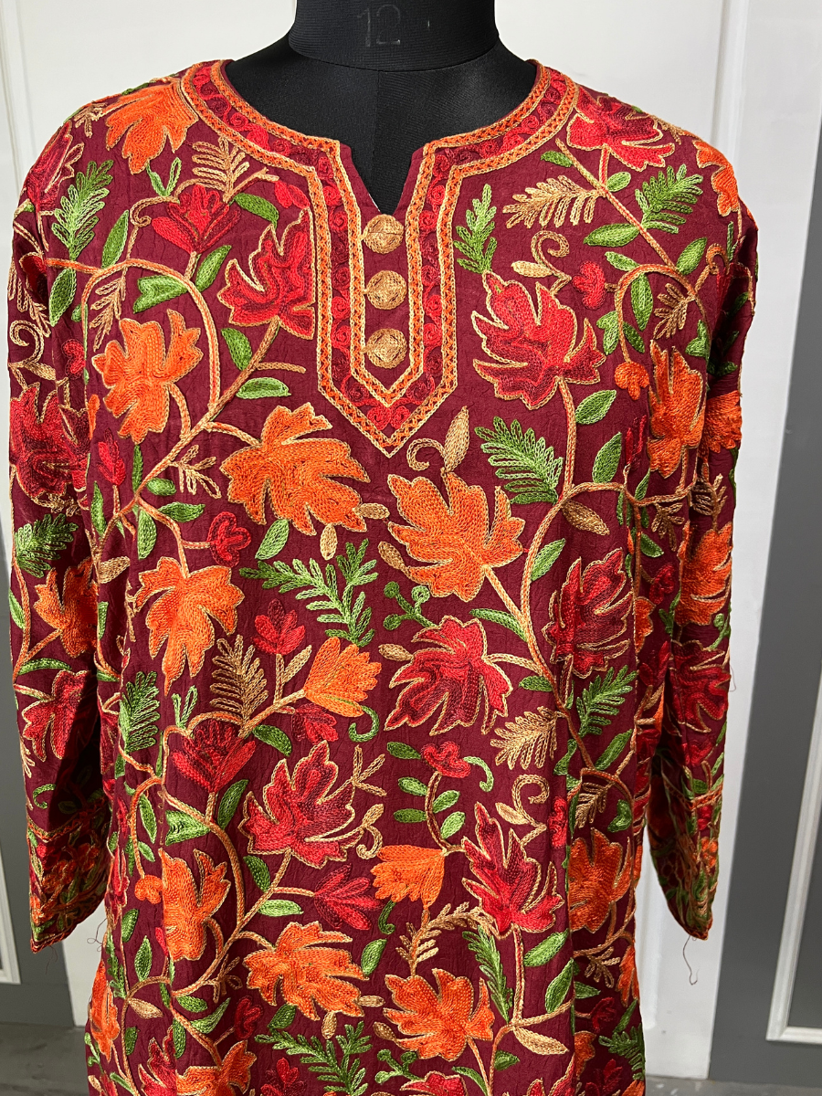 Noor : chinar embroidery summer kurti | Dark Red