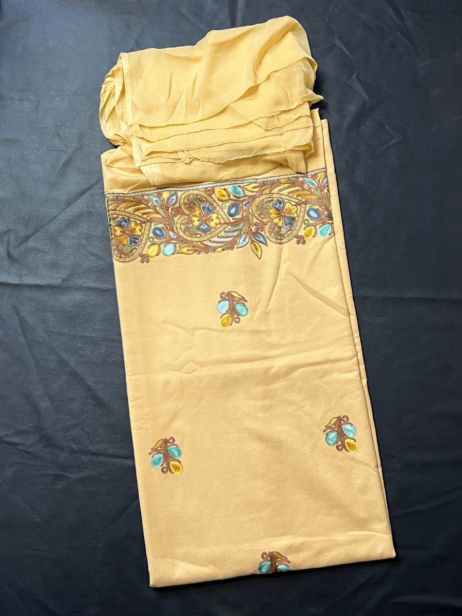 Kashmiri Botti Aari 3 Piece  Unstitched Suit  | Light Yellow