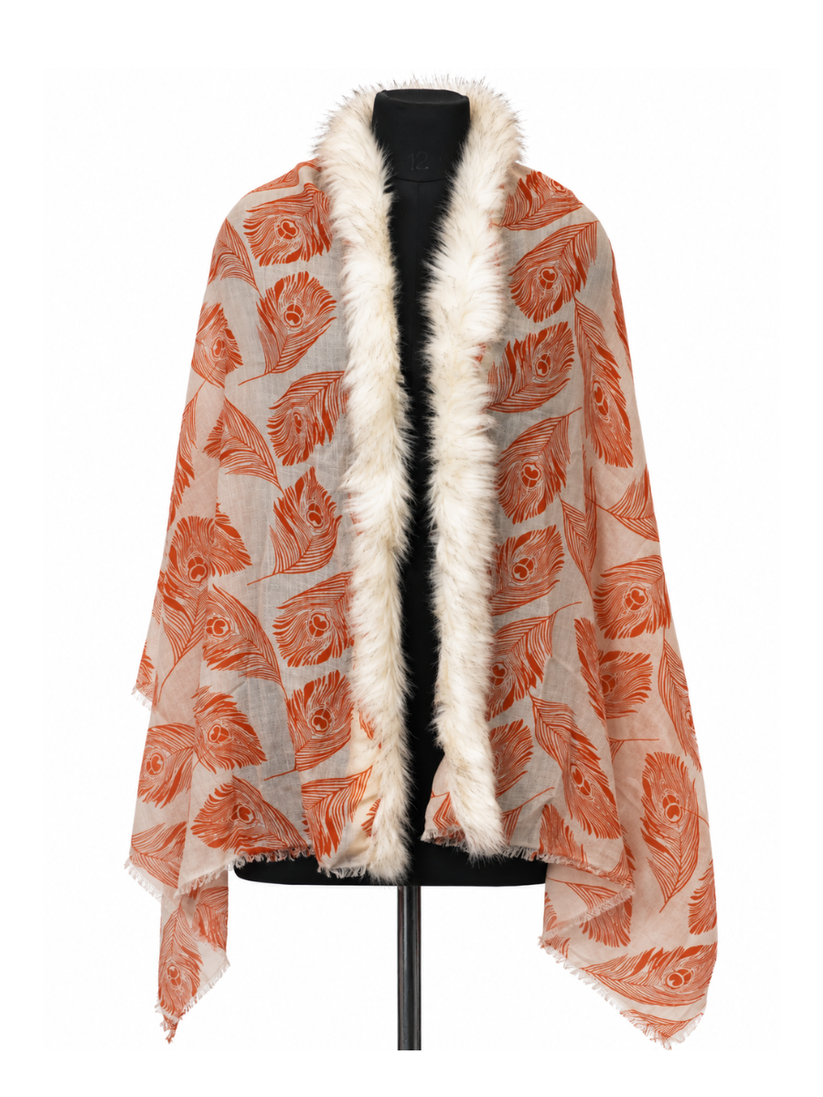 Terracotta Plume Shawl with Ivory Fur Collar