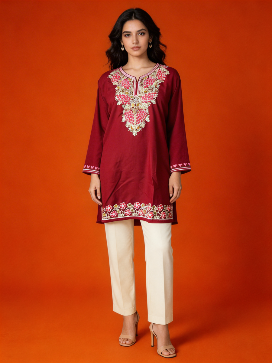 Noor : Aari embroidery summer kurti | Dark Red
