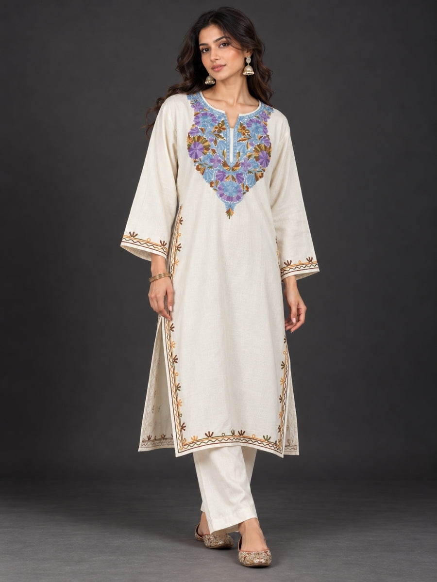 White Kashmiri Pheran with  Floral Embroidery | Aari Embroidered Wool Phiran