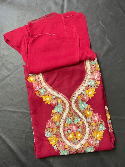 Kashmiri Botti Aari 3 Piece Unstitched Suit  | Red