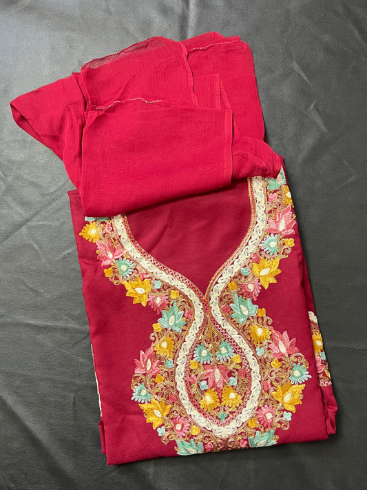 Kashmiri Botti Aari 3 Piece Unstitched Suit  | Red