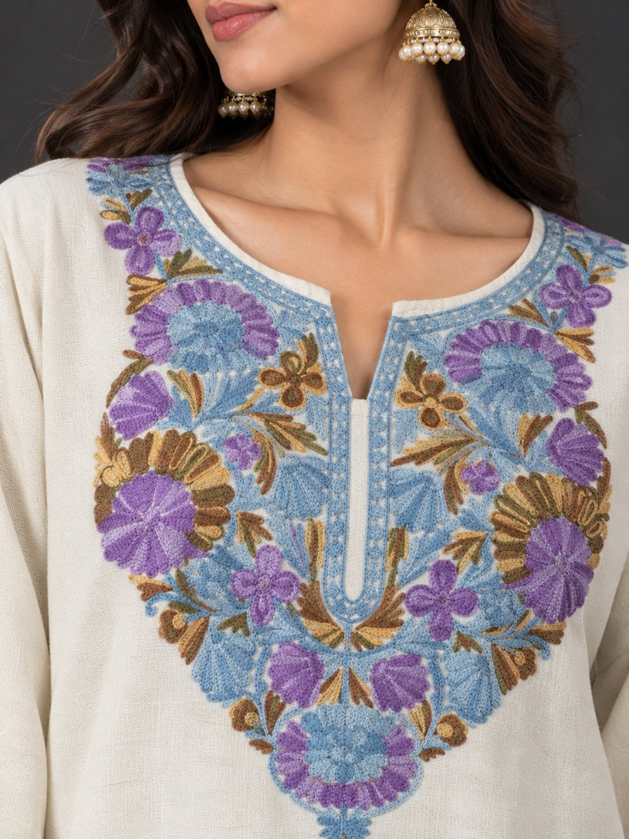 White Kashmiri Pheran with  Floral Embroidery | Aari Embroidered Wool Phiran