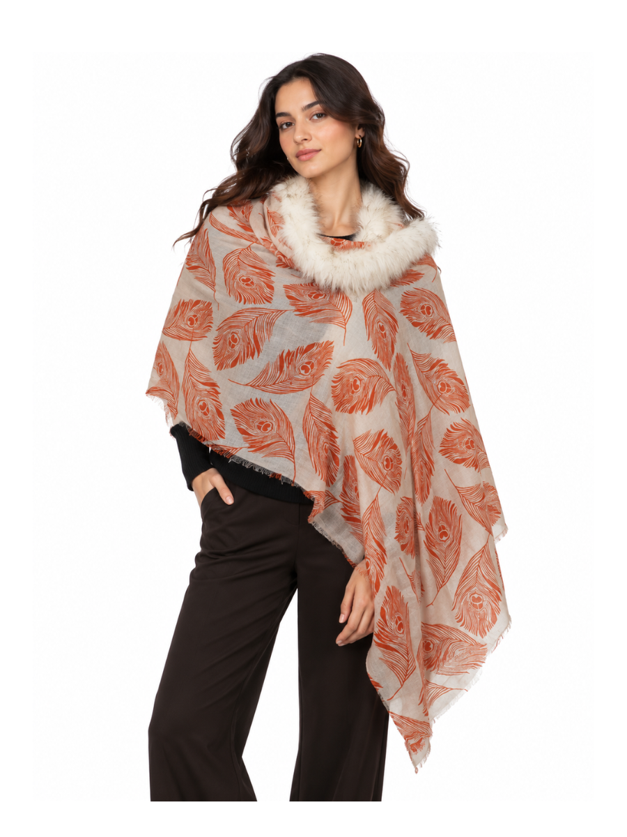 Terracotta Plume Shawl with Ivory Fur Collar