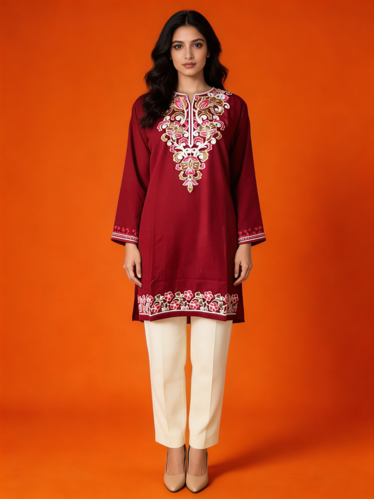 Noor : Aari embroidery summer kurti | Dark Red