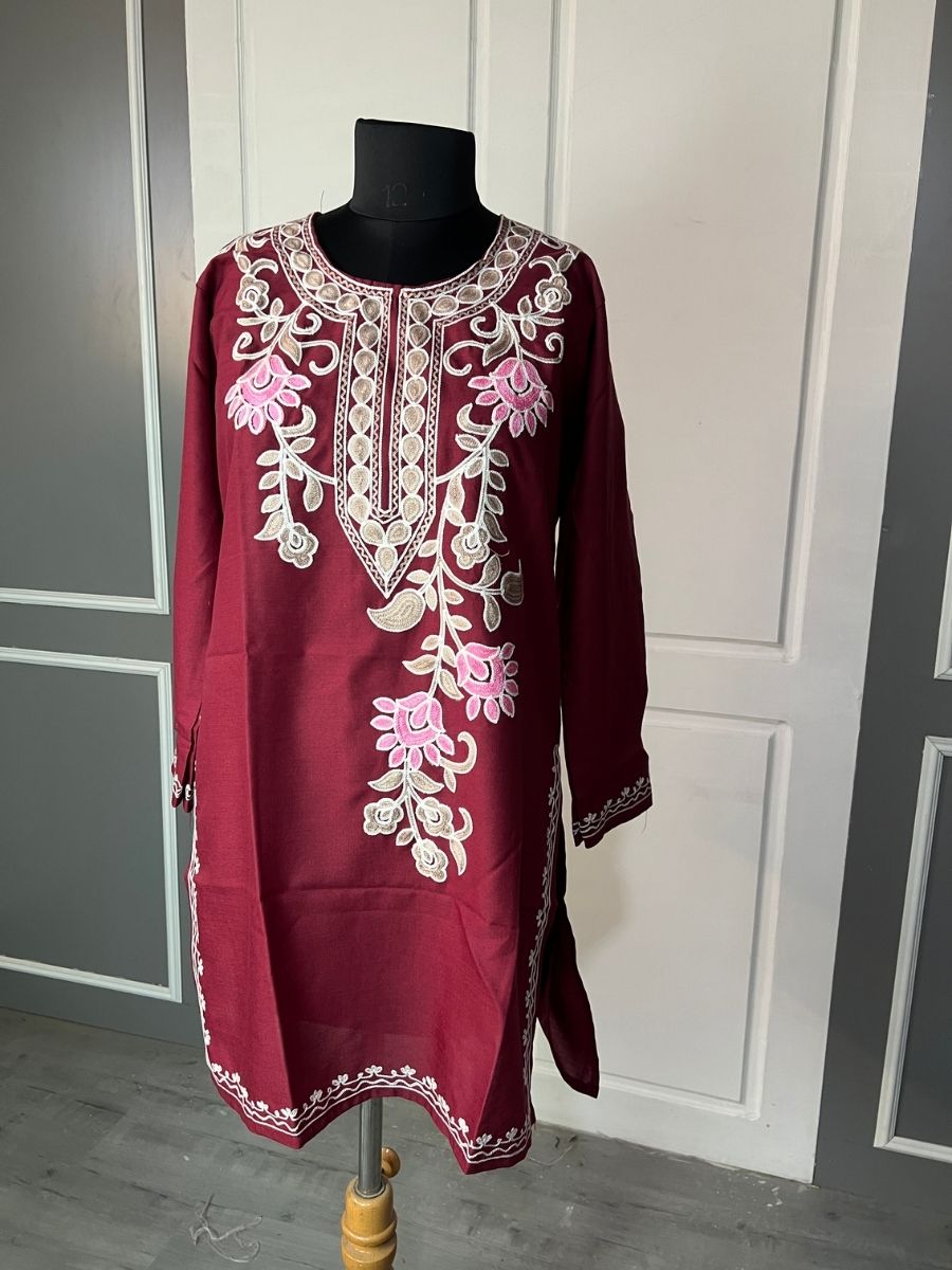 Noor : Aari embroidery summer kurti | Dark Red