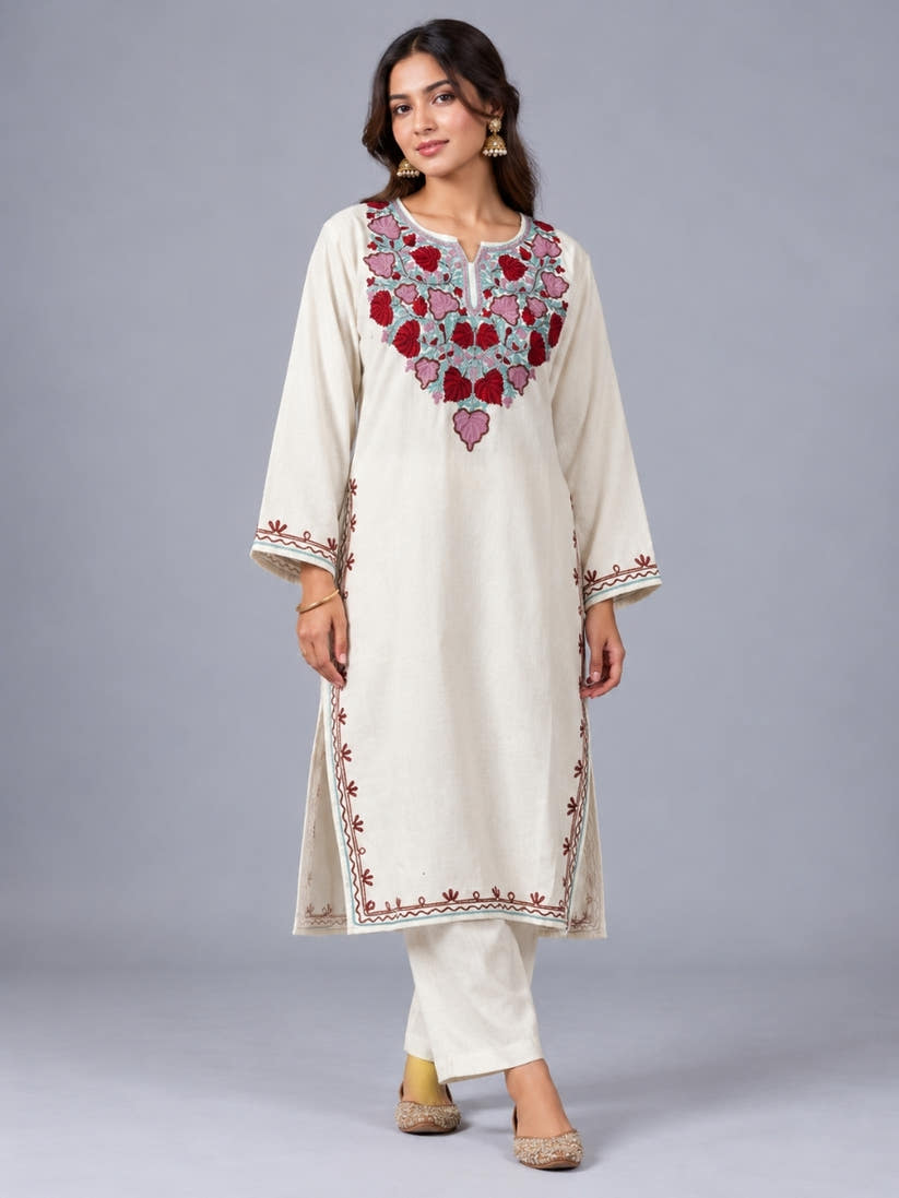 White Kashmiri Pheran with  Floral Embroidery | Aari Embroidered Wool Phiran