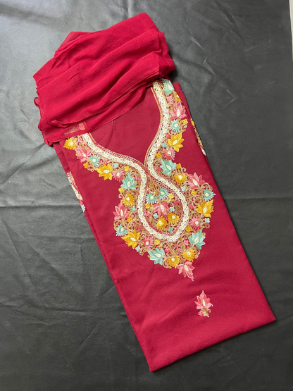 Kashmiri Botti Aari 3 Piece Unstitched Suit  | Red