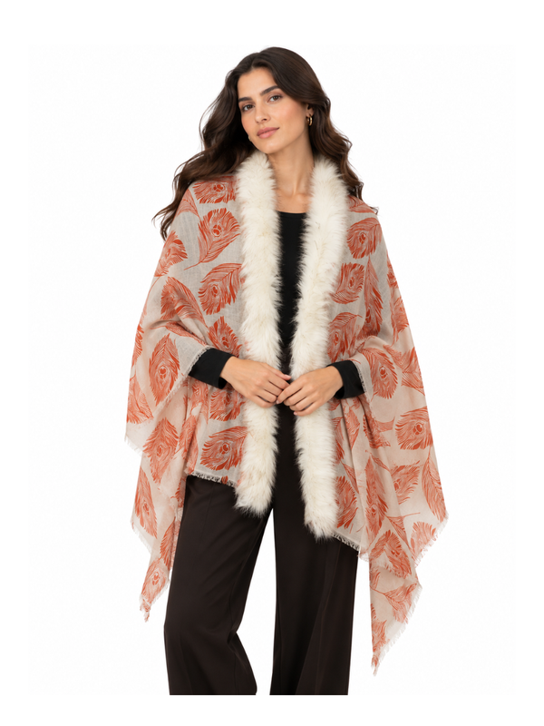 Terracotta Plume Shawl with Ivory Fur Collar