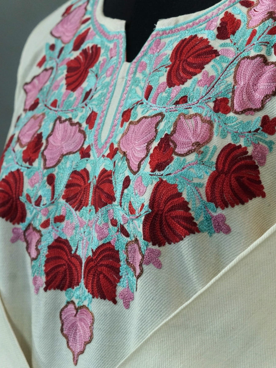 White Kashmiri Pheran with  Floral Embroidery | Aari Embroidered Wool Phiran