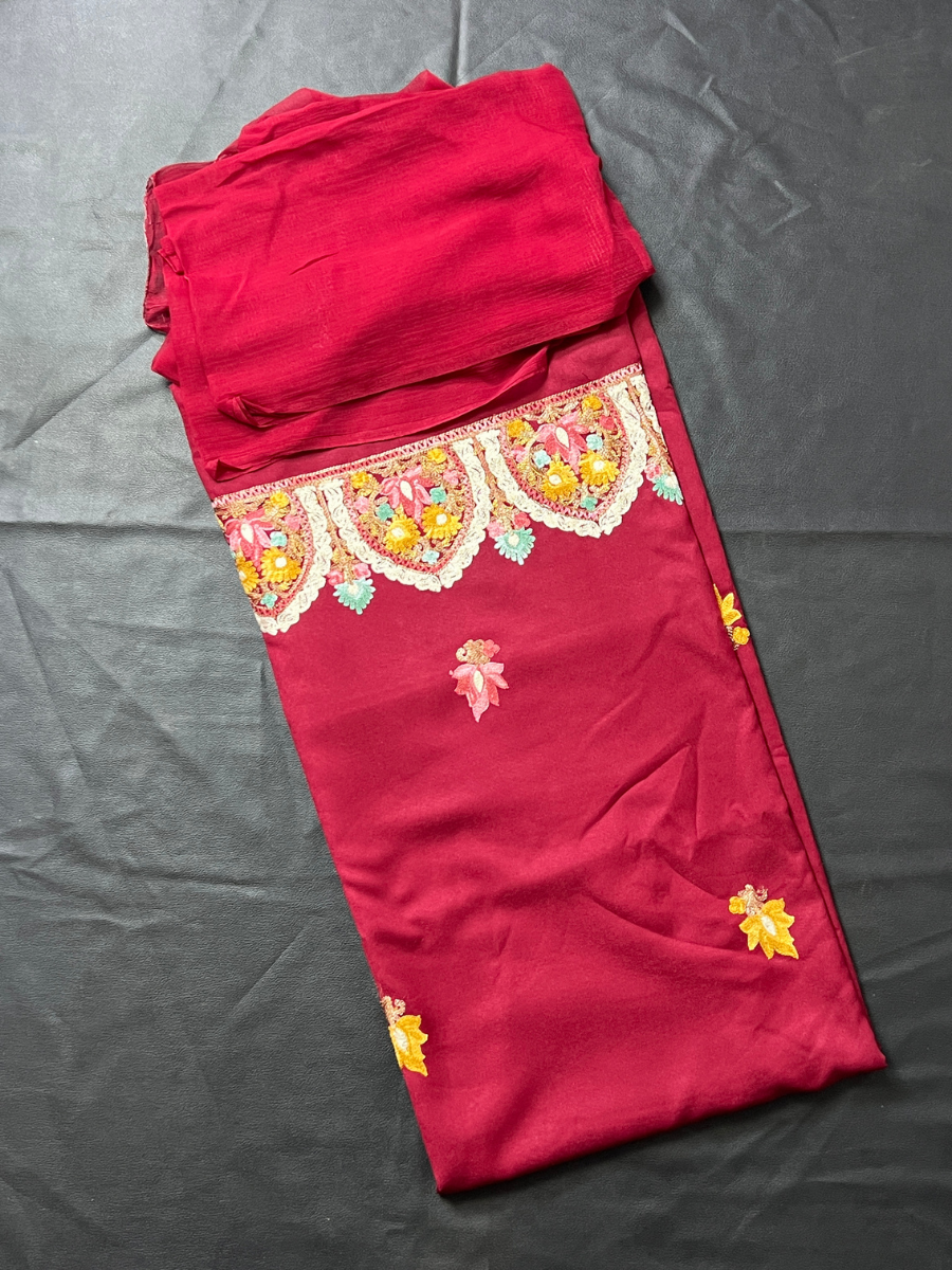 Kashmiri Botti Aari 3 Piece Unstitched Suit  | Red