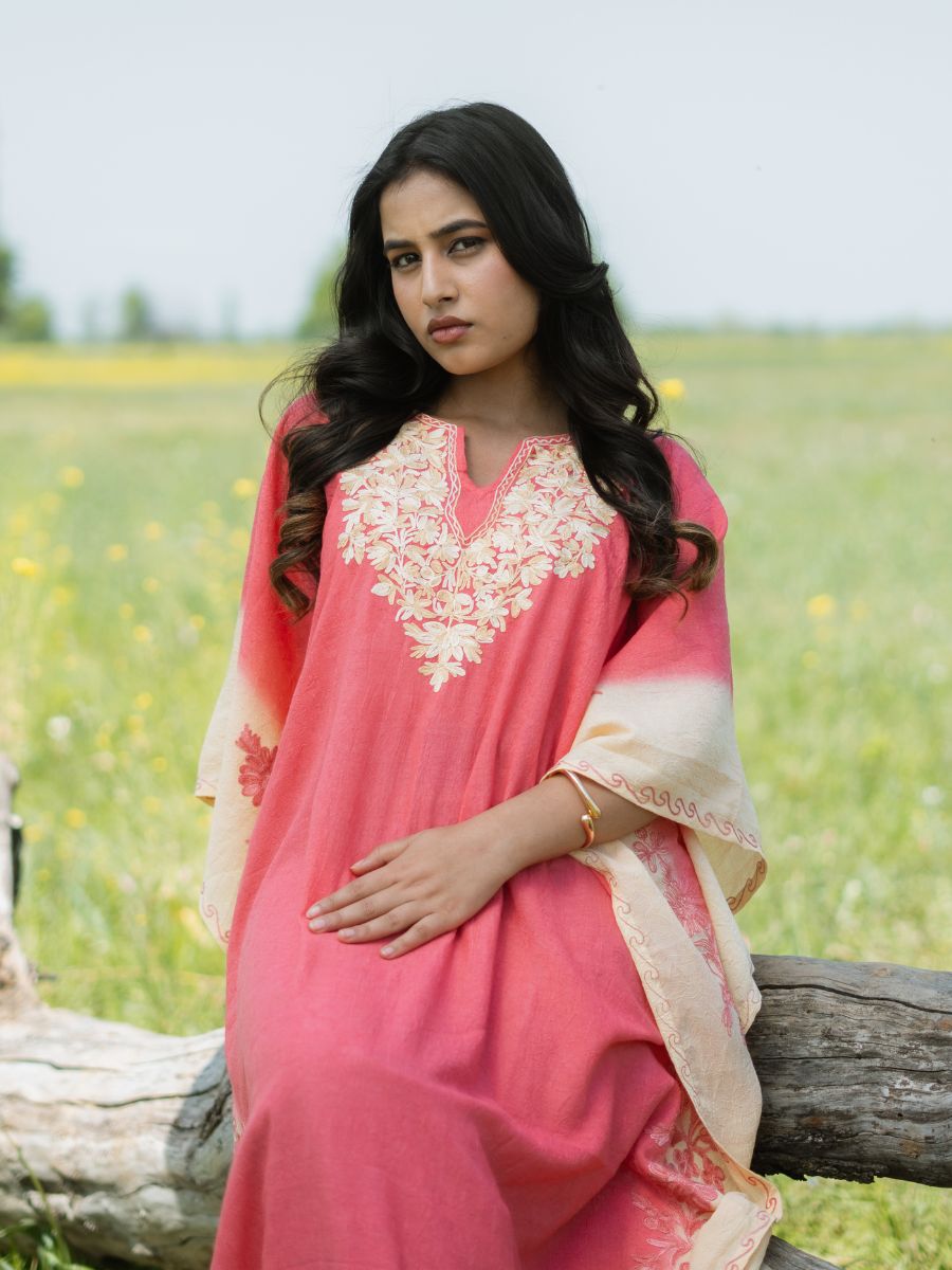 Coral Sunset Cotton Kaftan with Vanilla Cream Aari Embroidery - KaarKash