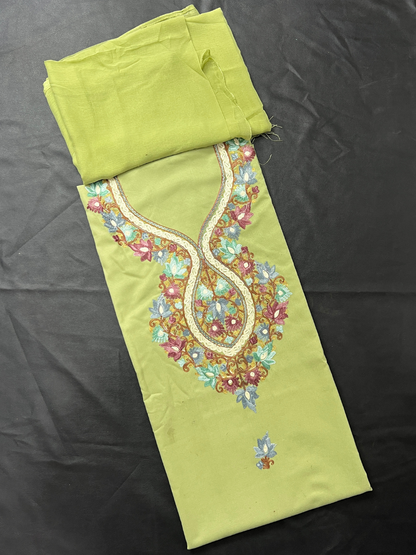 Kashmiri Botti Aari 3 Piece Unstitched Suit  | Olive Green