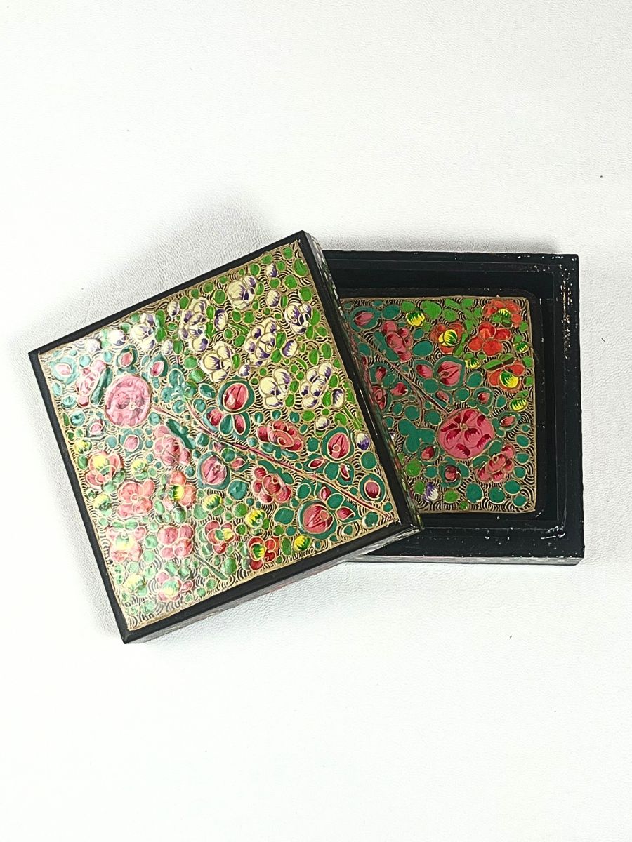 Golden Multi Floral Handmade Paper Mache Coaster Set - KaarKash