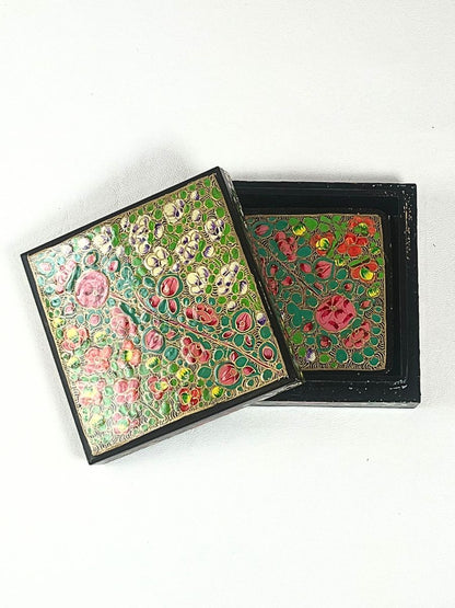 Golden Multi Floral Handmade Paper Mache Coaster Set - KaarKash