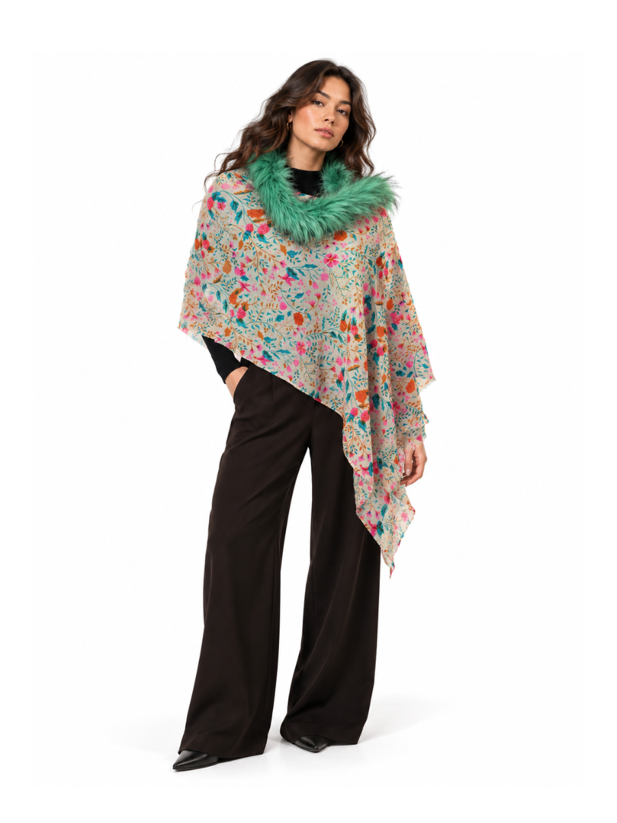 Mint Reverie Floral Print Shawl with Faux-Fur Trim
