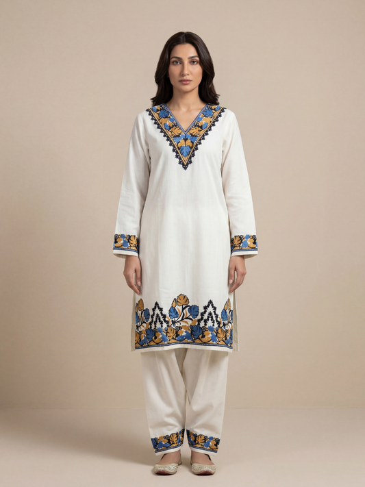Noor : Kashmiri Aari embroidery summer Co-Ord Set | Light Gray