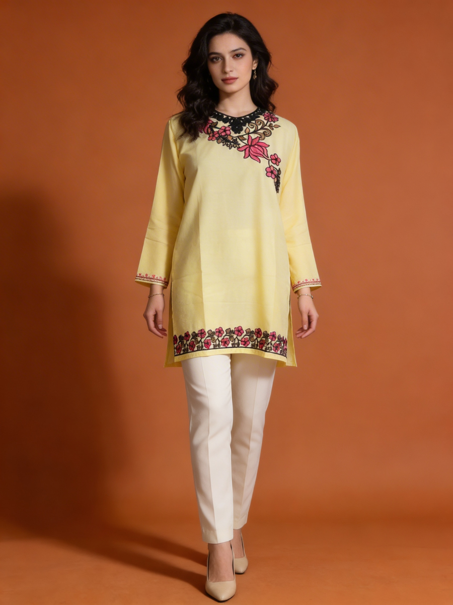 Noor : Aari embroidery summer kurti | Mustard