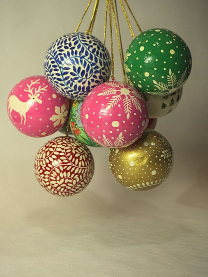 Paper Mache Bauble Balls - Christmas Tree Ornaments | Hanging Decorations for Festive Décor | Set of 9 - KaarKash