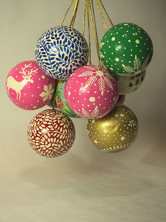 Paper Mache Bauble Balls - Christmas Tree Ornaments | Hanging Decorations for Festive Décor | Set of 9 - KaarKash