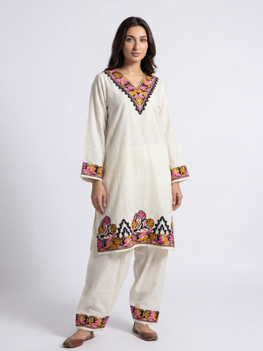 Noor : Kashmiri Aari embroidery summer Co-Ord Set | Light Gray